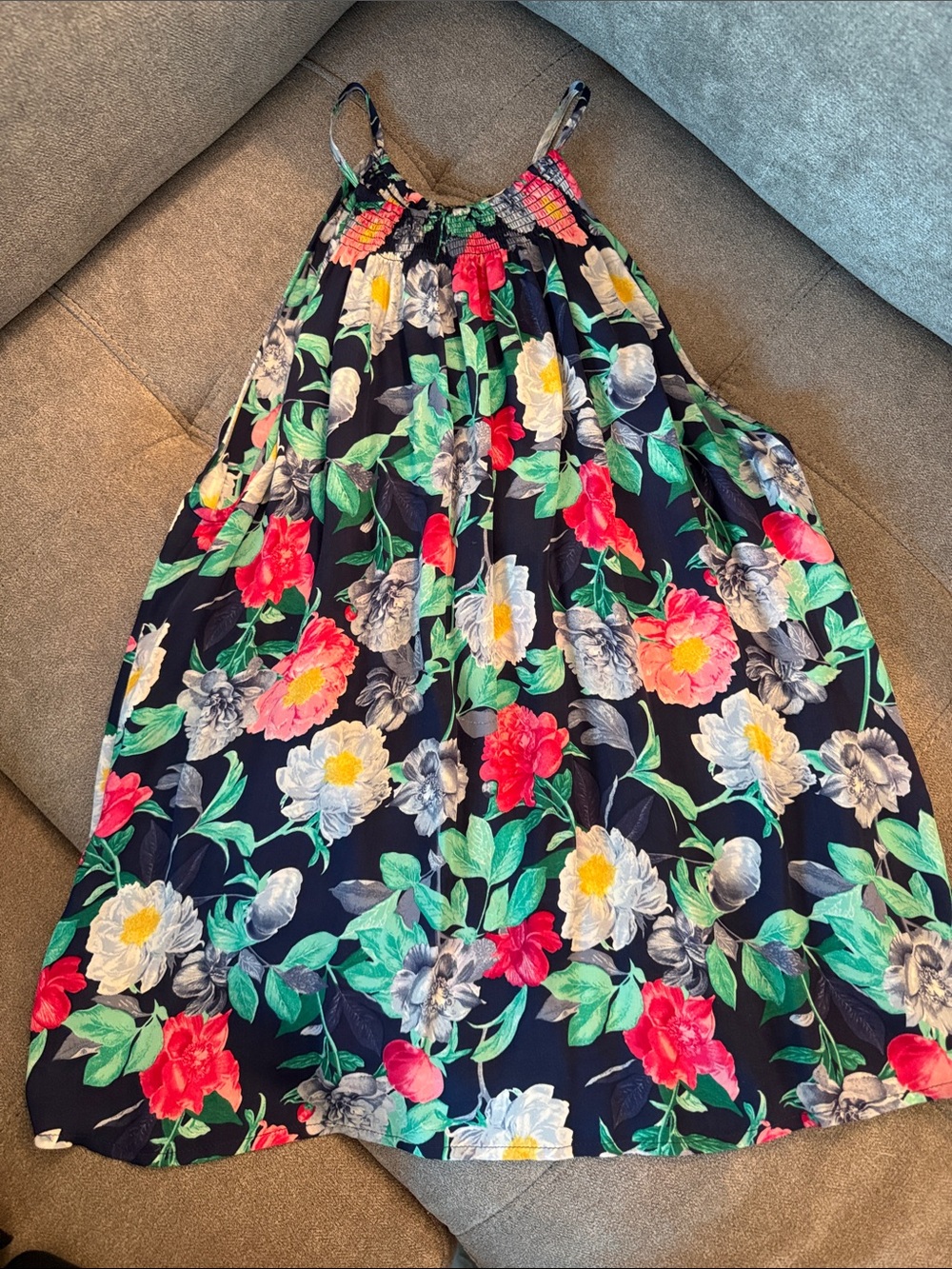 Floral Navy blouse with Bright Blooms